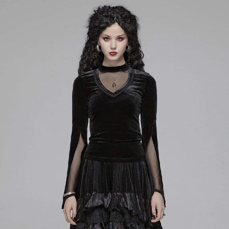 Discount Mania Women's Goth V-neck Velvet Tops With Slit Sleeves