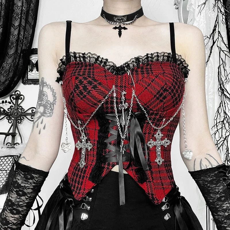 Instant Savings Women's Gothic Chain Plaid Tank Top Black Red
