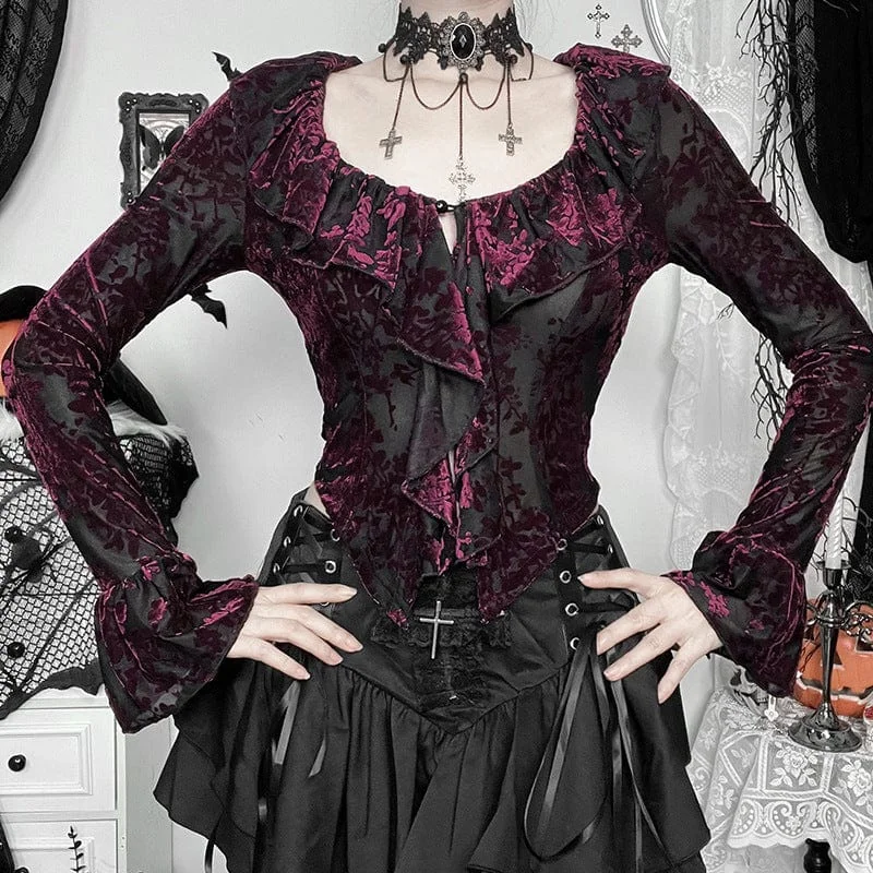 Season Finale Sale Women's Gothic Floral Mesh Long Sleeved Shirt Black Red