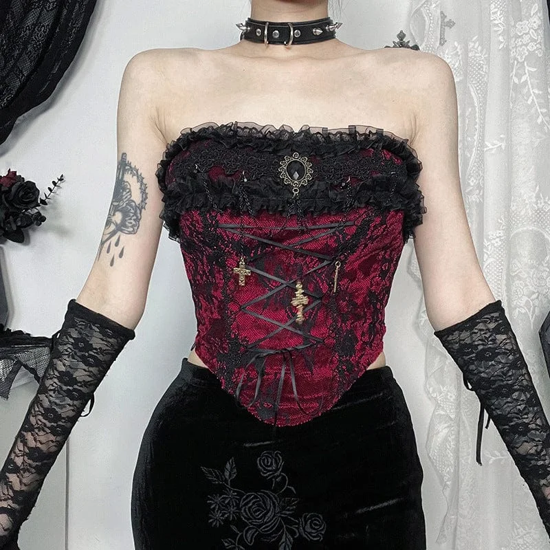 Don’t Miss Out Women's Gothic Lace Diamond Buister Black Red
