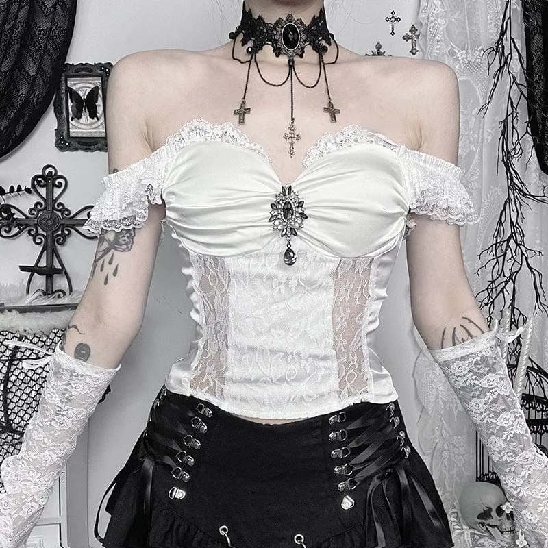 Limited Time Discount Women's Gothic Lace Off Shoulder Tank Top White
