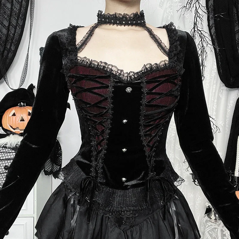 Doorbuster Deal Women's Gothic Lace-up Halter Shirt Black Red