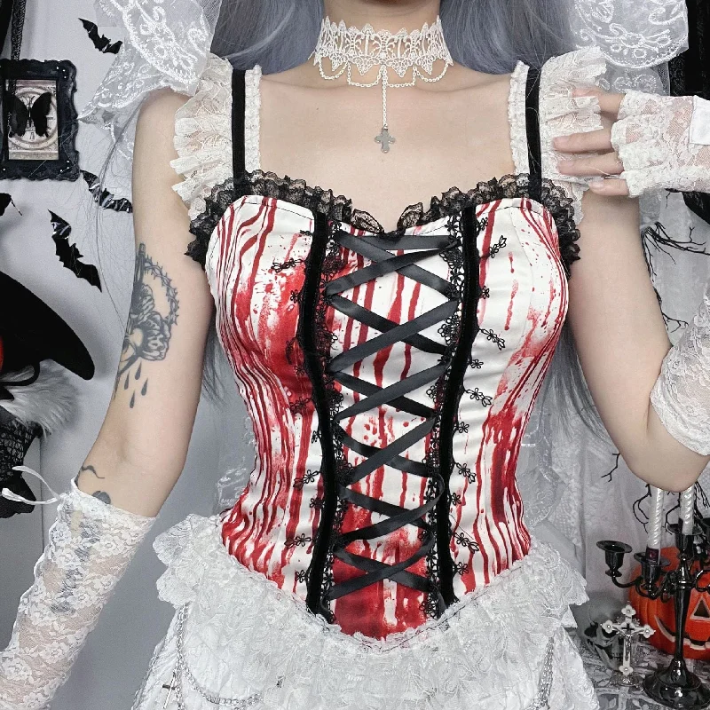 Exclusive Preview Women's Gothic Lace-up Ruffled Tank Top White Red