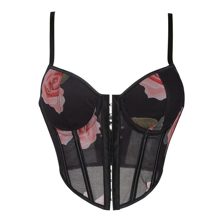 Savings Event Women's Gothic Rose Printed Mesh Lace-up Overbust Corset