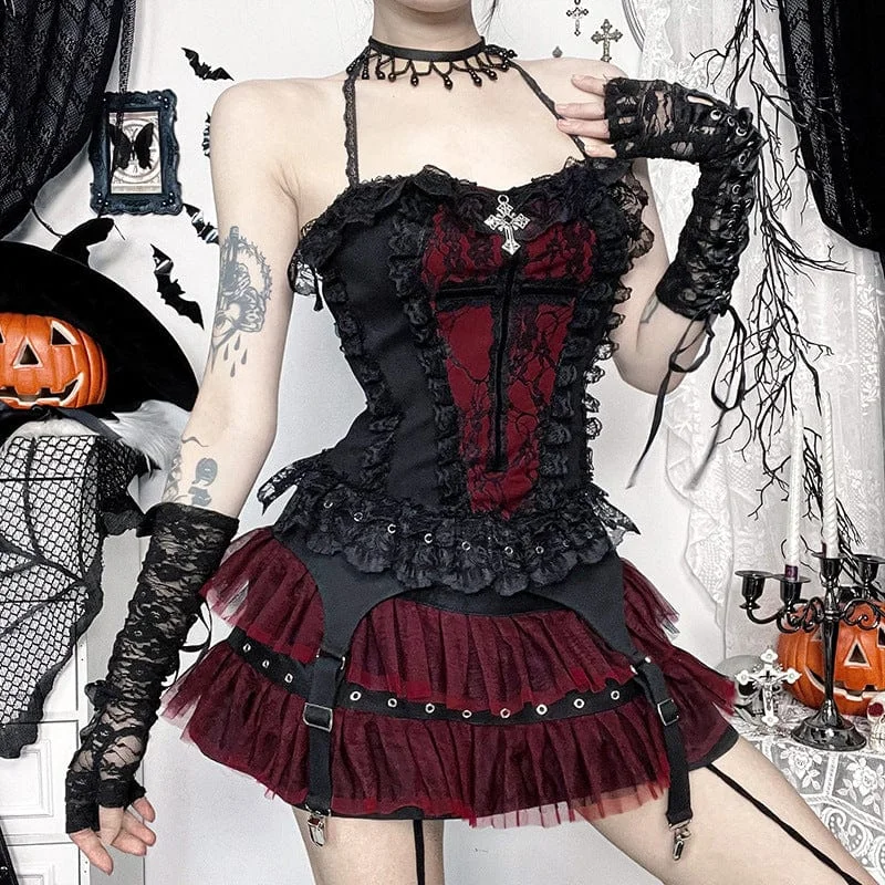 Blowout Sale Women's Gothic Tassels Lace Tank Top Black Red