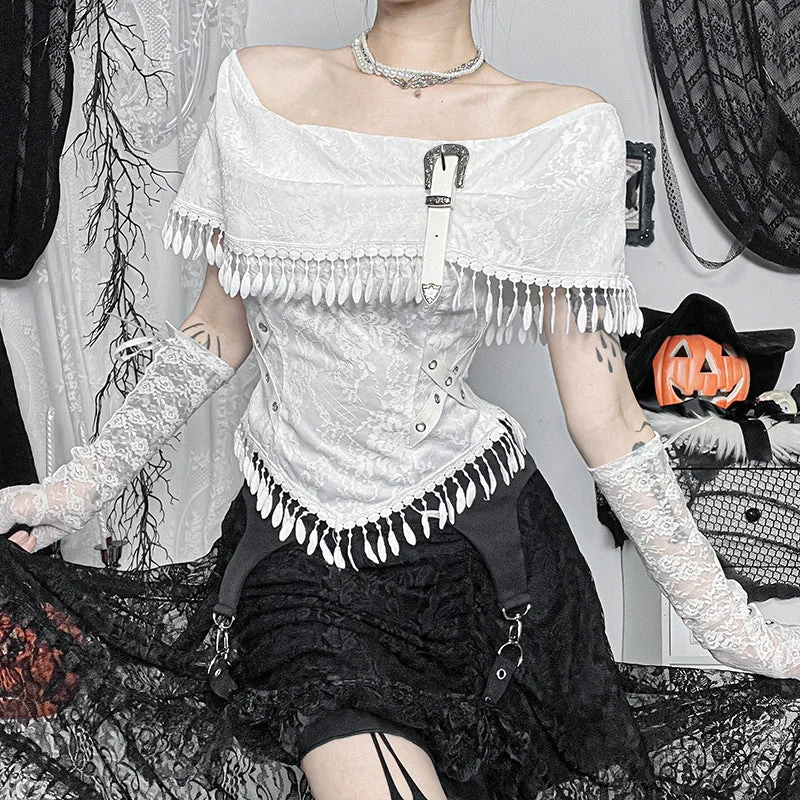 Mega Sale Women's Gothic Tassels Short Sleeved Shirt White