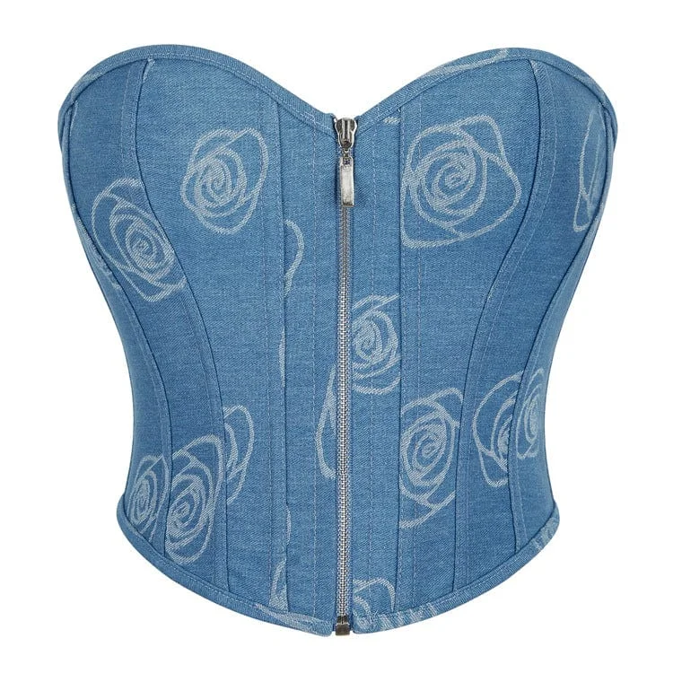 Online Only Women's Grunge Zipper Rose Denim Overbust Corset