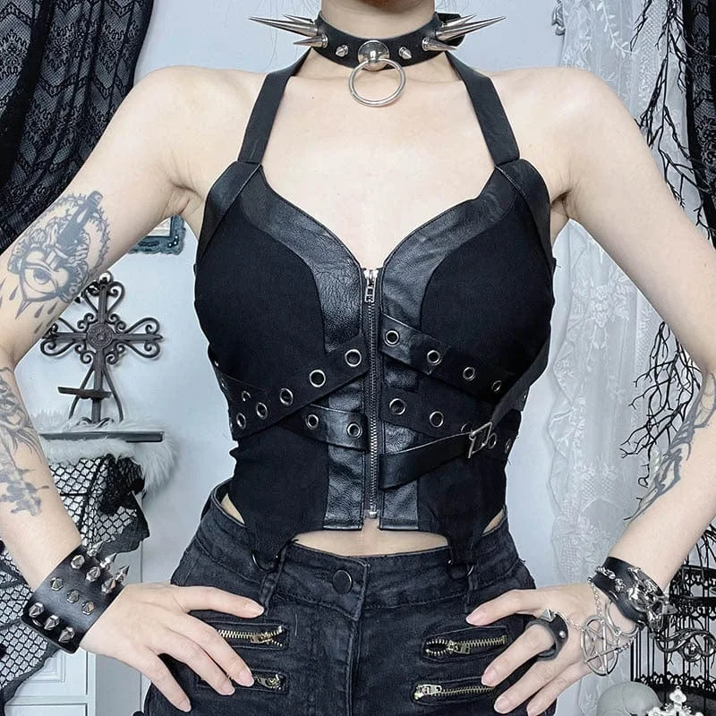 Referral Discount Women's Punk Buckle-up Eyelets Halter Vest