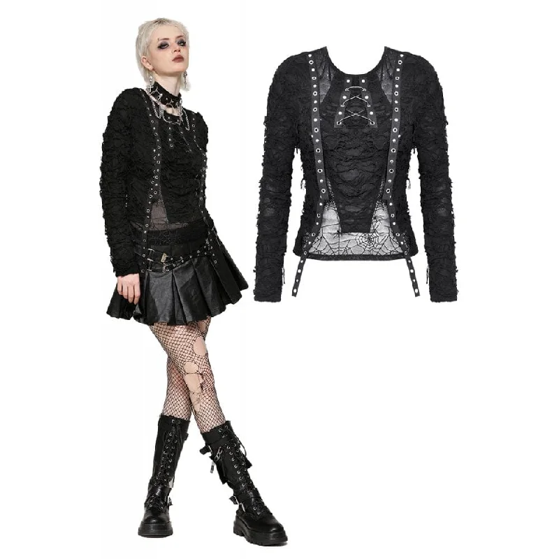 Savings Bonanza Women's Punk Mesh Eyelets Long Sleeved Blouse