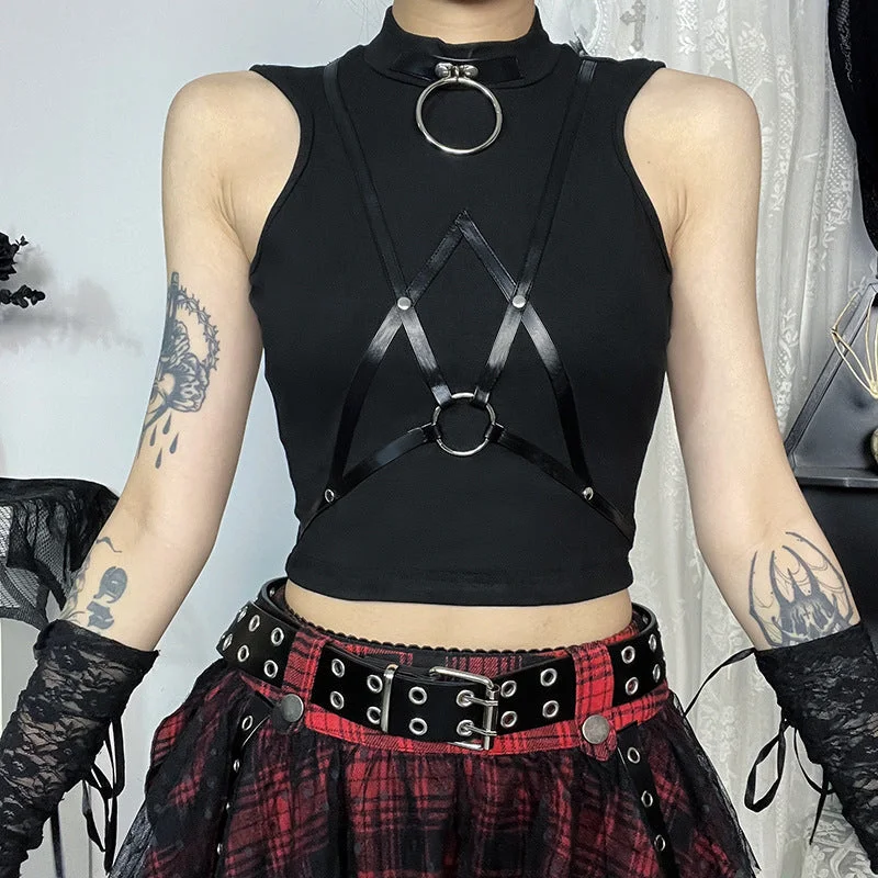 Special Promotion Women's Punk Ring Faux Leather Belt Tank Top
