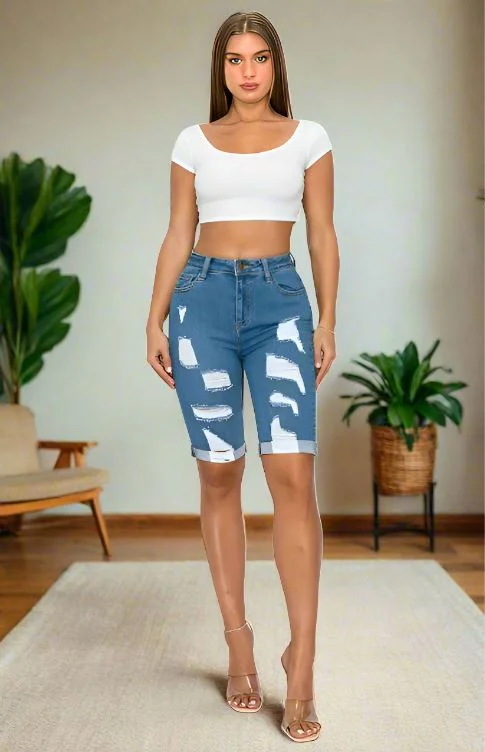 Low Prices Womens Distressed Jean Shorts, Long Bermuda Ripped Shorts, Plus Sizes 1xl/2xl/3xl, Blue Low Prices Womens Distressed Jean Shorts, Long Bermuda Ripped Shorts, Plus Sizes 1xl/2xl/3xl, Blue