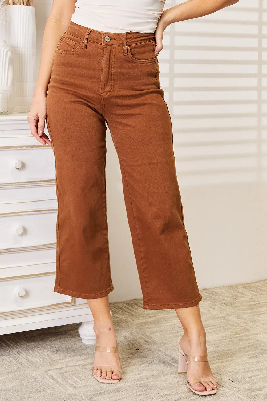 Extra Savings Judy Blue Full Size Tummy Control Garment Dyed Wide Crop