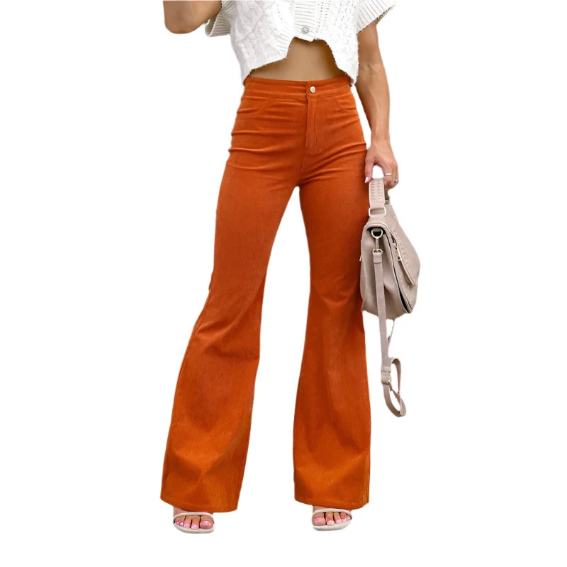 Women's Solid Mid Waist Slim Micro Bell Bottoms Corduroy Casual Pants