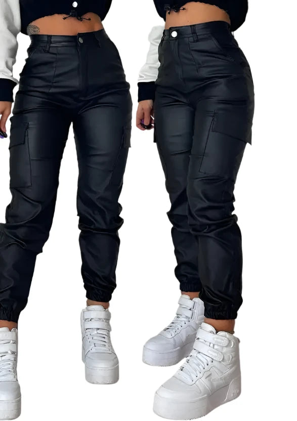 PU Leather High Waist Cargo Pants Fashion Trends Pocket Design Cuffed