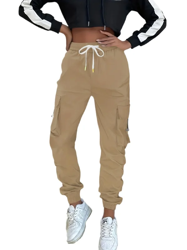 Can't Miss Casual Cargo Pants, Fashionable Loose-Fit With Pockets, Elastic Waist With Drawstring, Streetwear Style Can't Miss Casual Cargo Pants, Fashionable Loose-Fit With Pockets, Elastic Waist With Drawstring, Streetwear Style