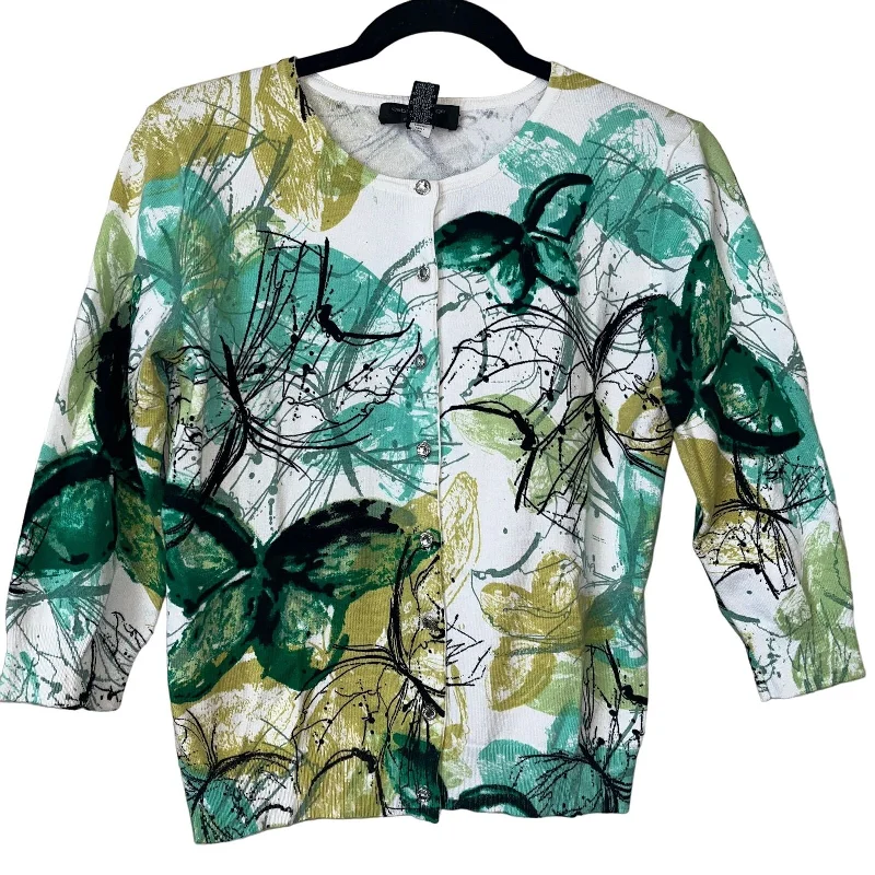 Shop and Save Cable & Gauge Petites Womens PM Cotton Blend Cardigan Sweater Green Rhinestone B