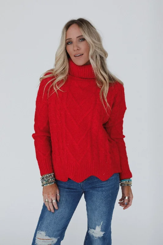 Stock Clearance Coffee Chats Scallop Hem Sweater - Ruby